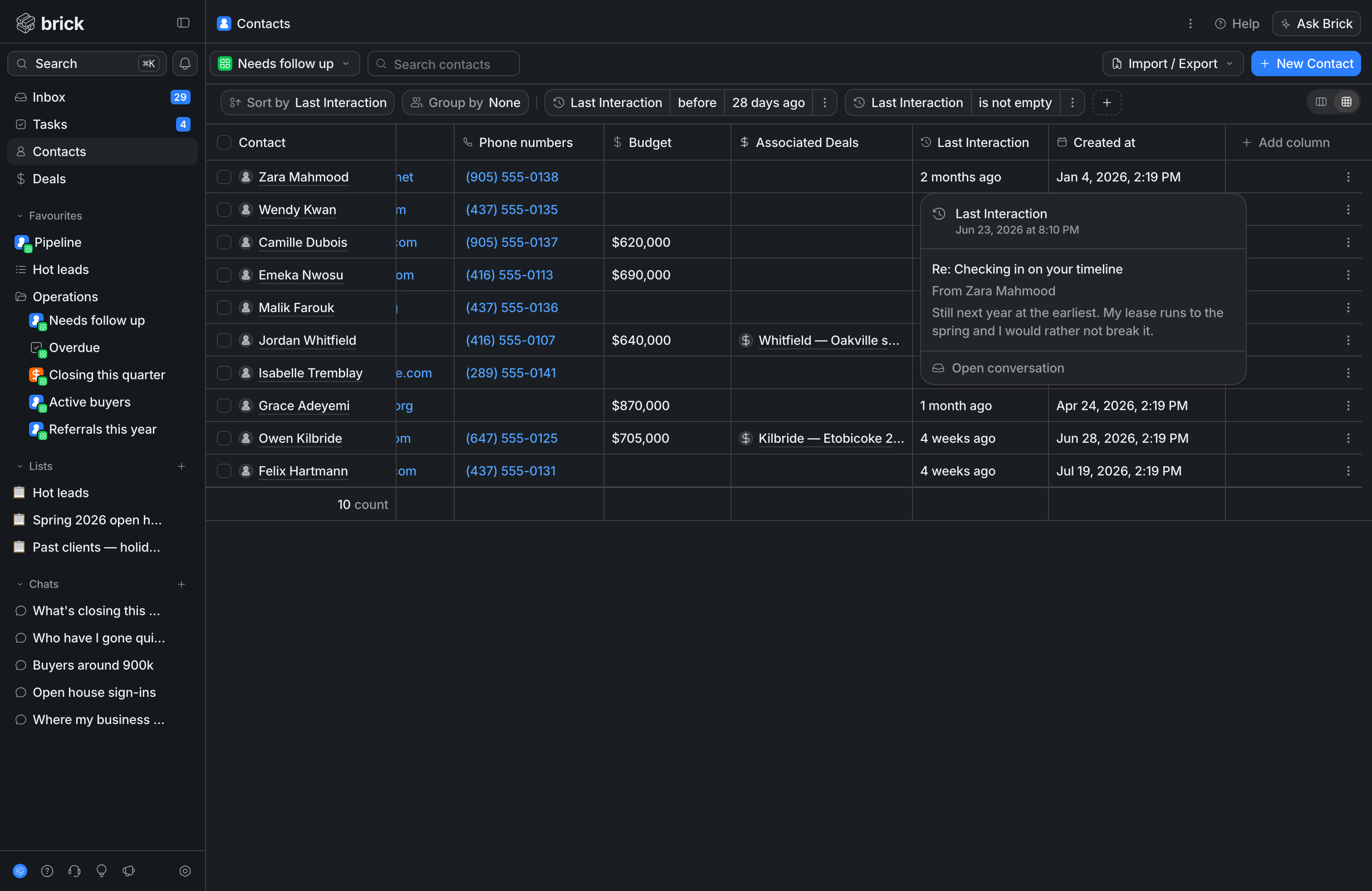 The Needs follow up view, with a Last Interaction cell hovered to show the email it points at