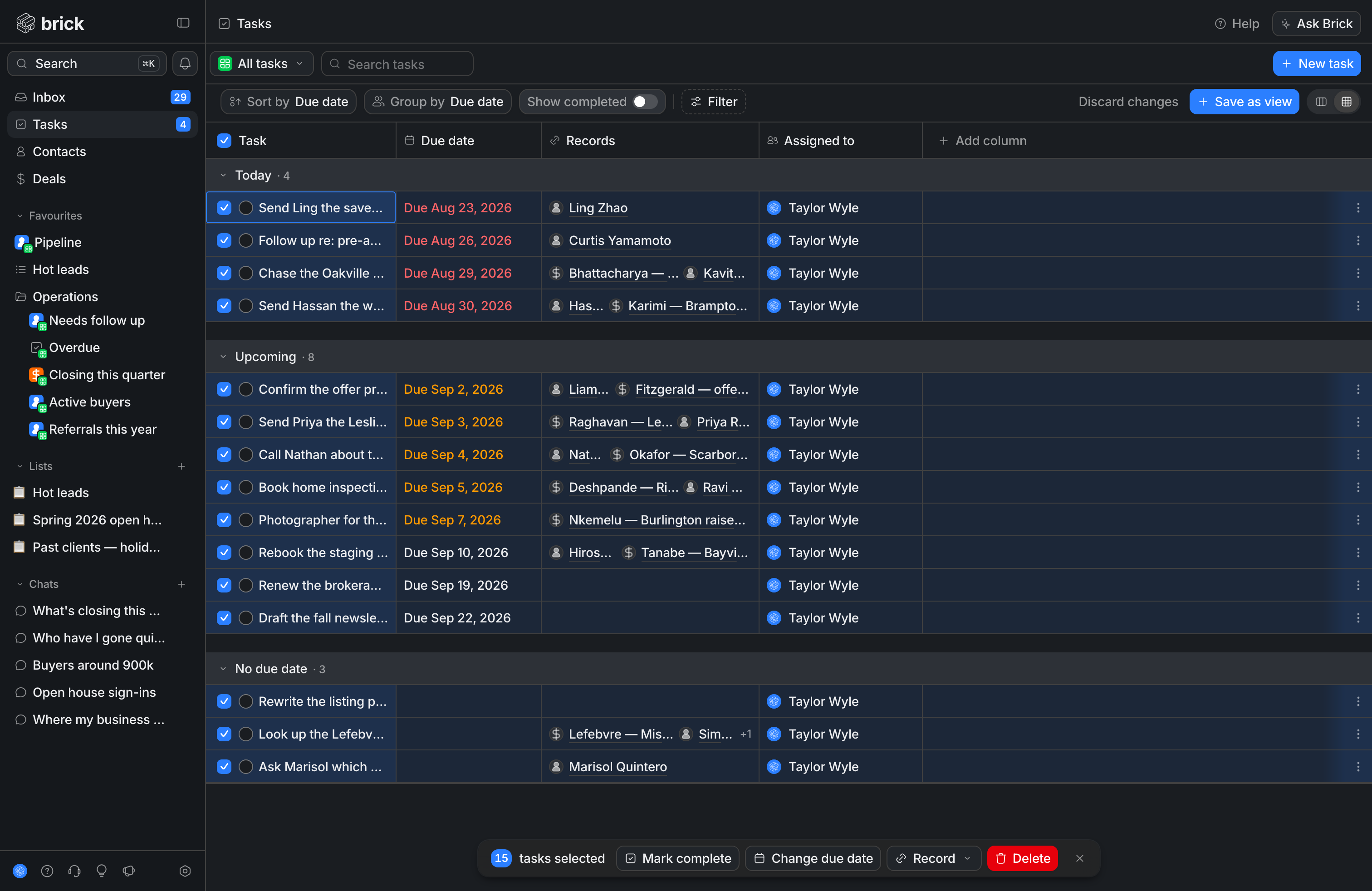 Every task selected on the All tasks view, with the bulk action bar across the bottom