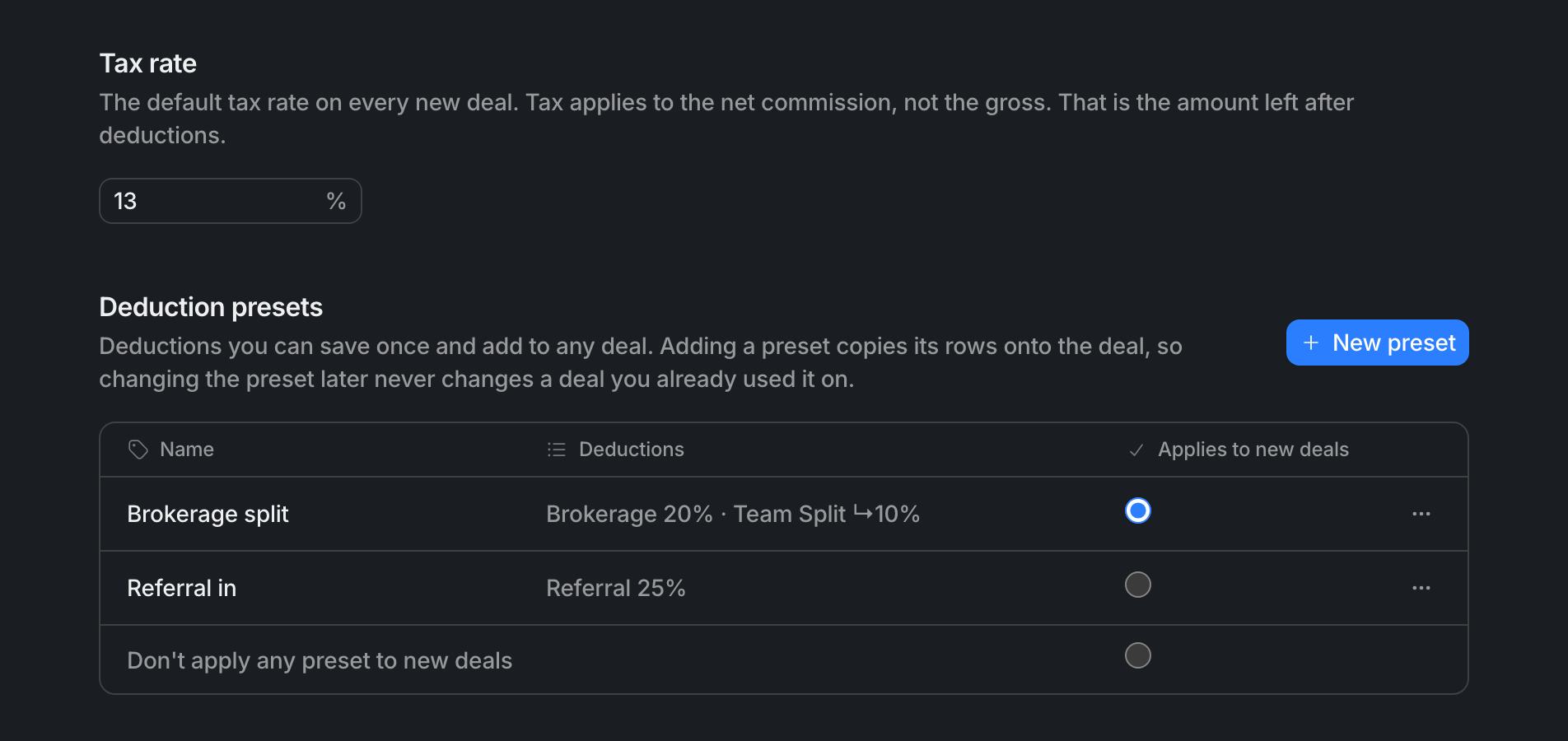 Settings, Commission: a 13% tax rate, and two deduction presets with Brokerage split applied to new deals