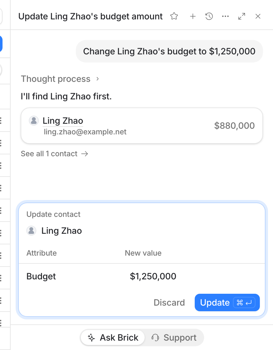 The Ask Brick panel after a request to change a contact's budget, with the Update contact card waiting for Discard or Update