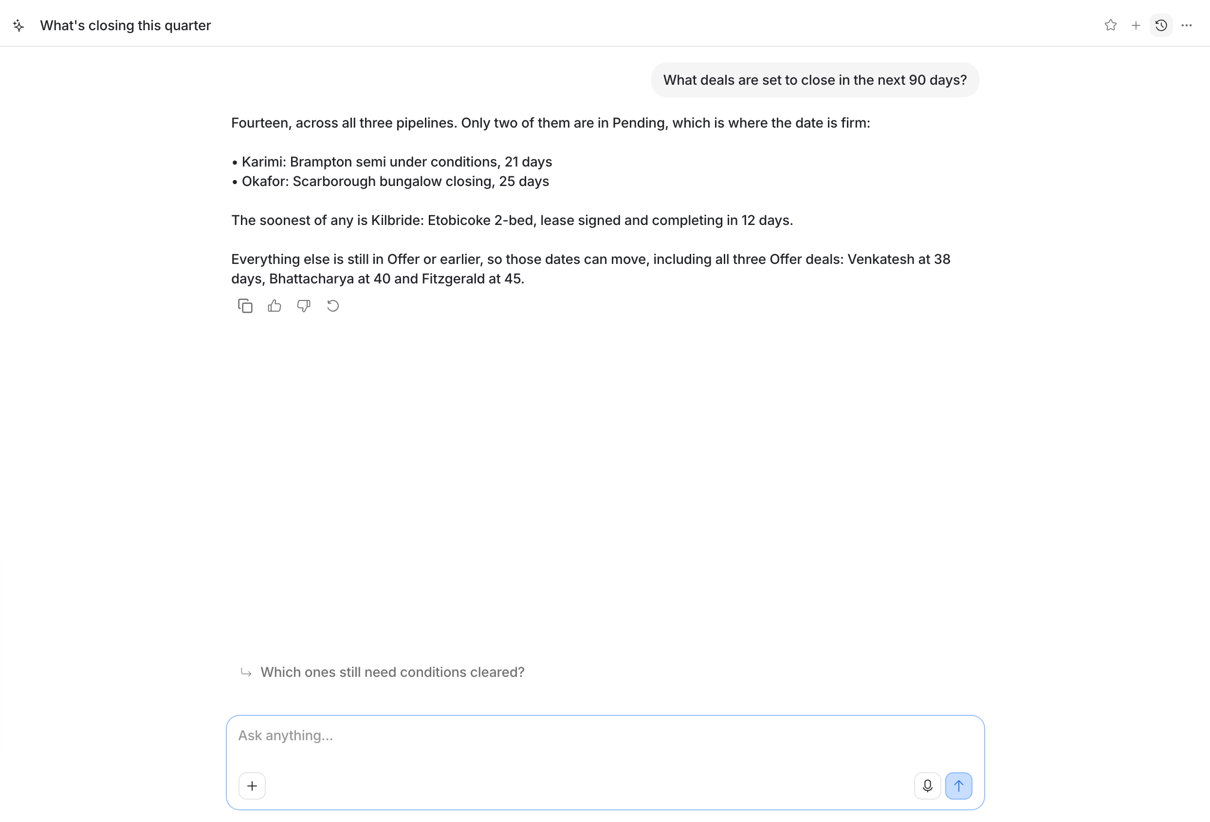 A chat open on its own page, with the question, the answer, and a suggested follow-up