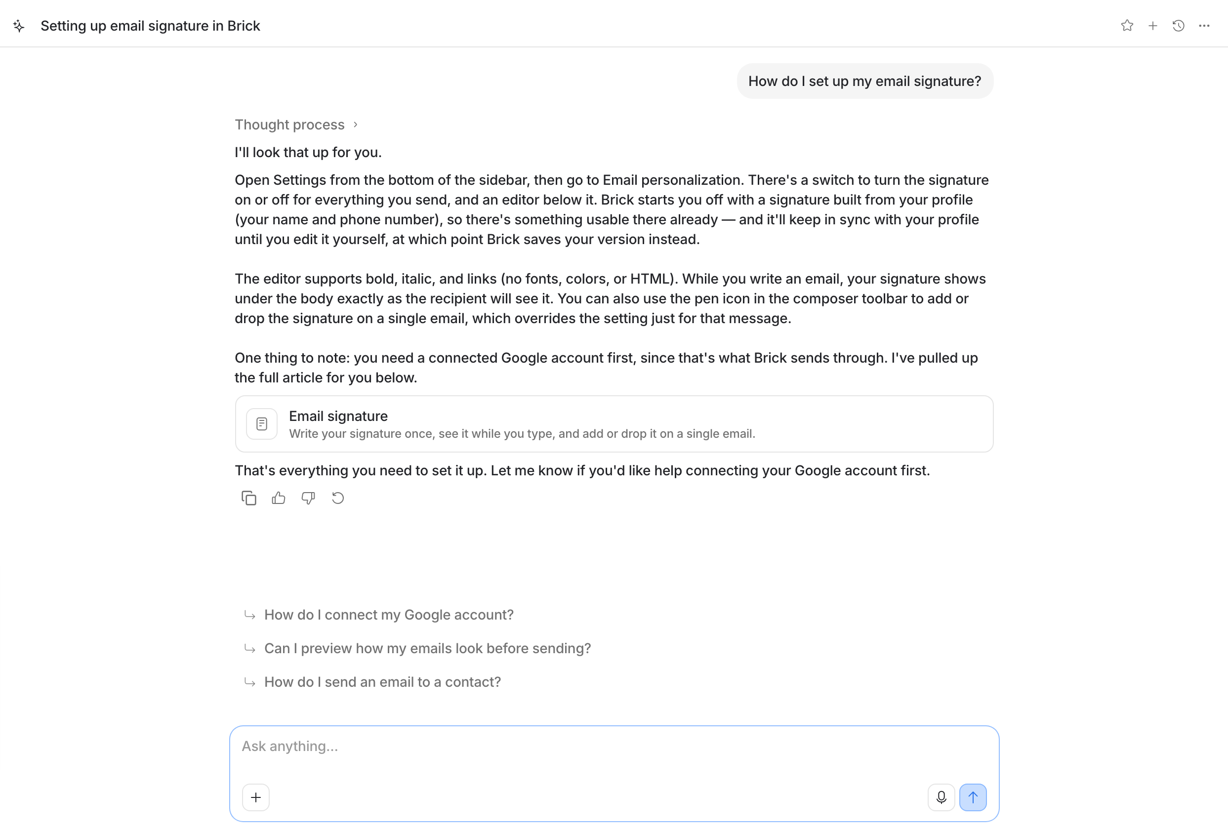 A how-to question about the email signature, with the answer and a card for the Email signature article under it