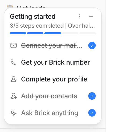 The Getting started card in the sidebar, with some items done and some still open