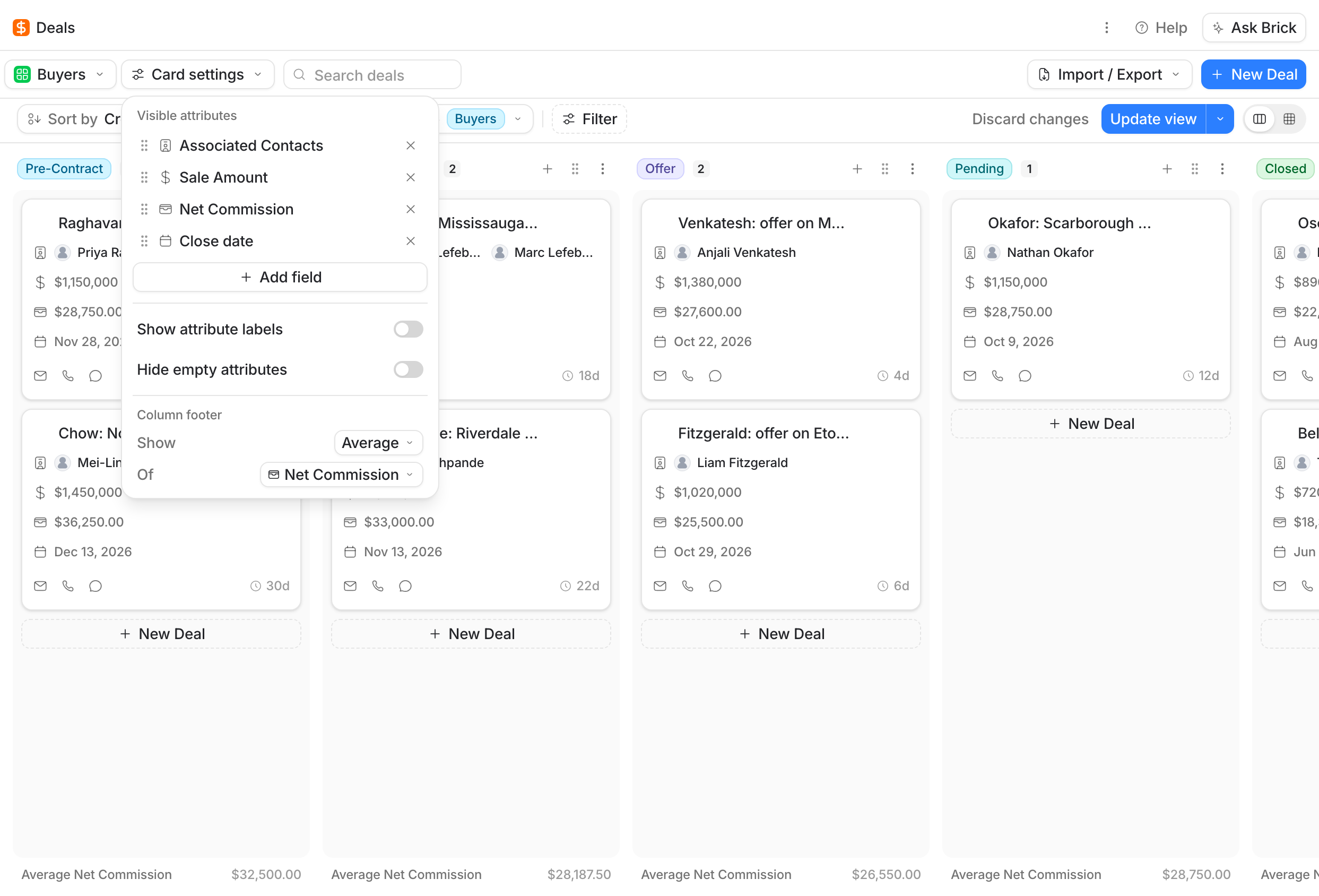 The Buyers board with Card settings open, and an Average Net Commission footer under each stage