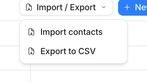 The Import / Export menu open above the Contacts table
