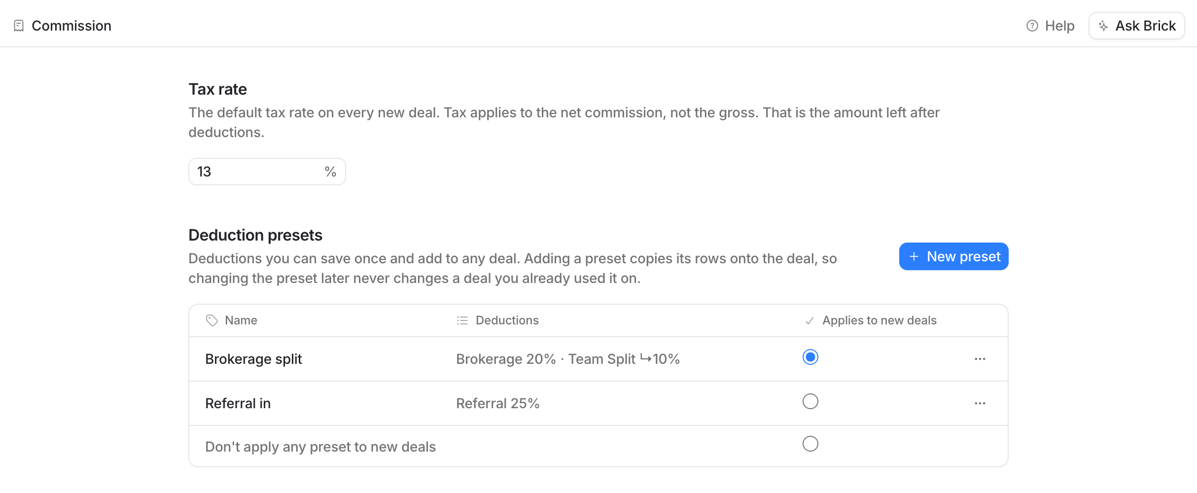 Settings, Commission: the tax rate, and two deduction presets with Brokerage split applied to new deals