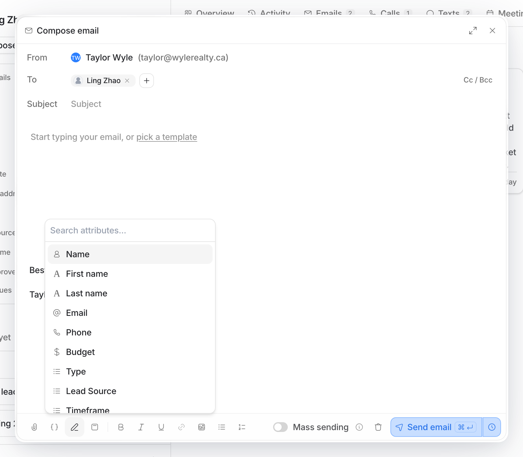 The variable picker open in the composer