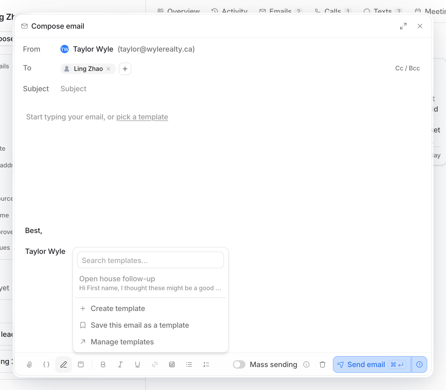 The template picker open over the composer