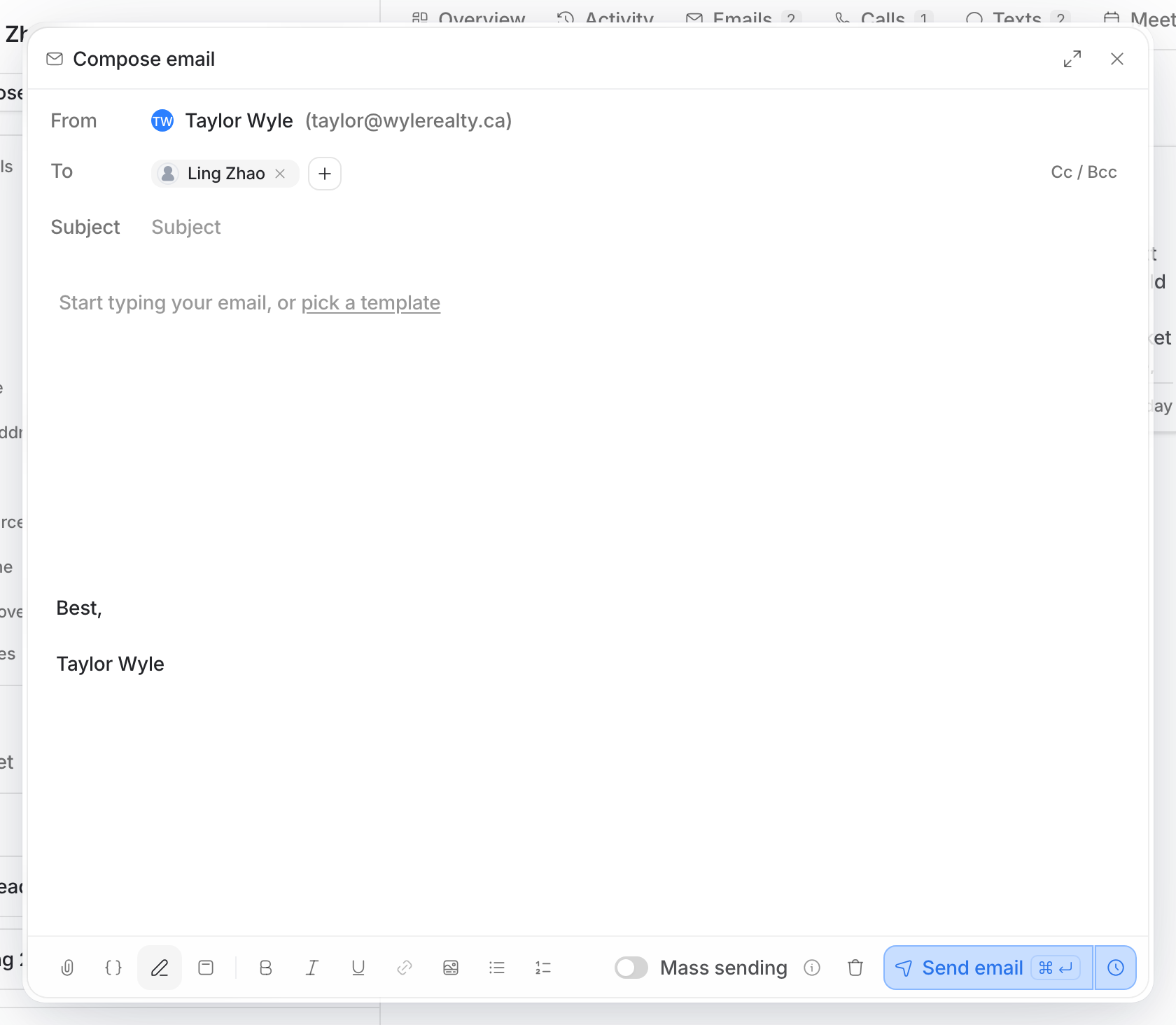 The email composer open from a contact record