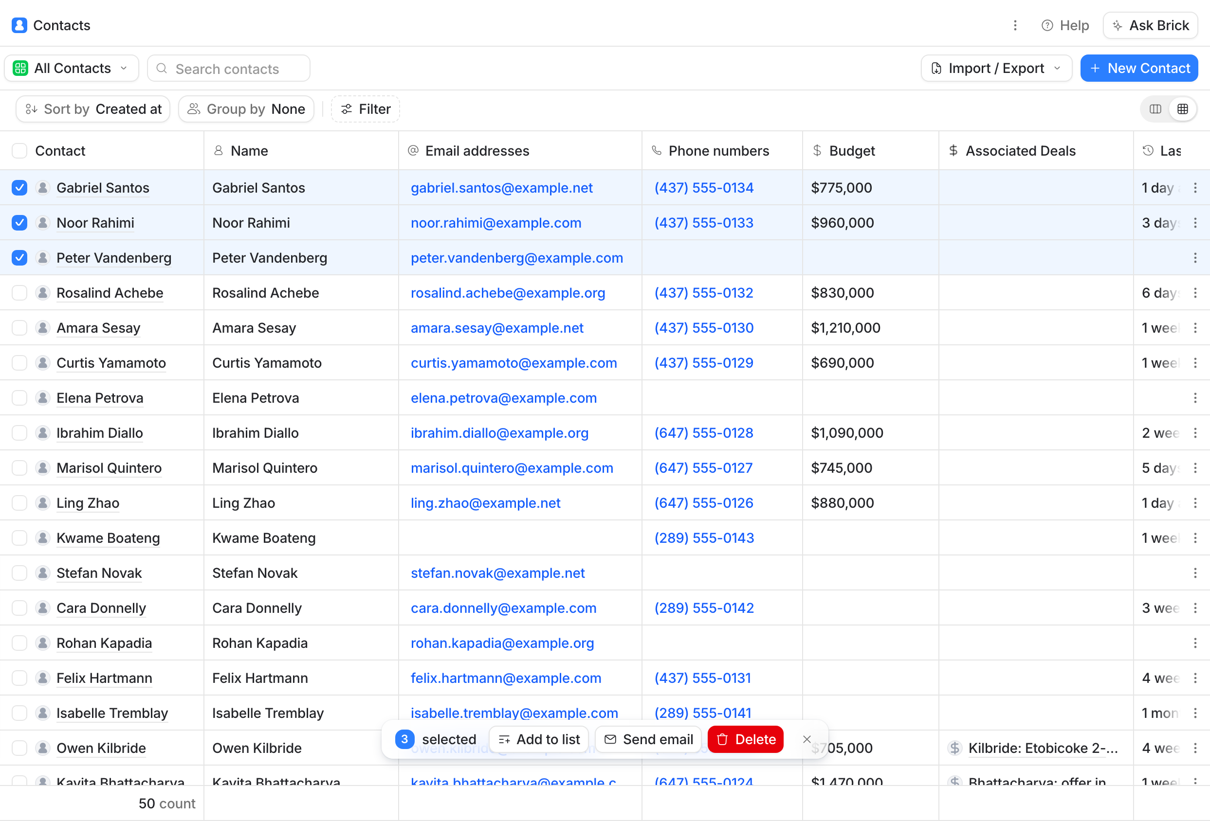 The Contacts table with three rows selected and the bulk action bar floating over the bottom of the page