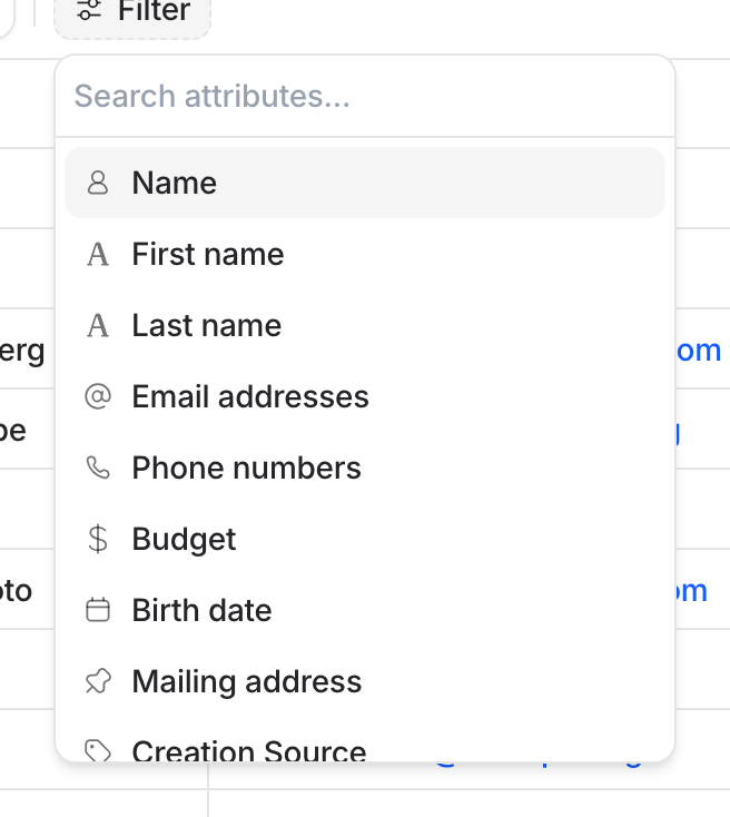 The attribute picker open under the Filter button