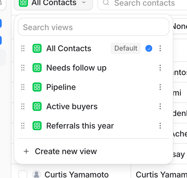 The view switcher open on the Contacts page