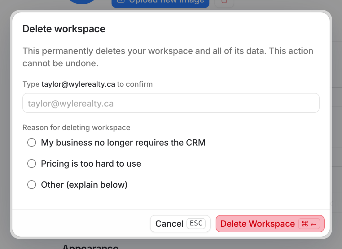 The Delete workspace dialog: a box to type your email, three reasons, and the Delete Workspace button