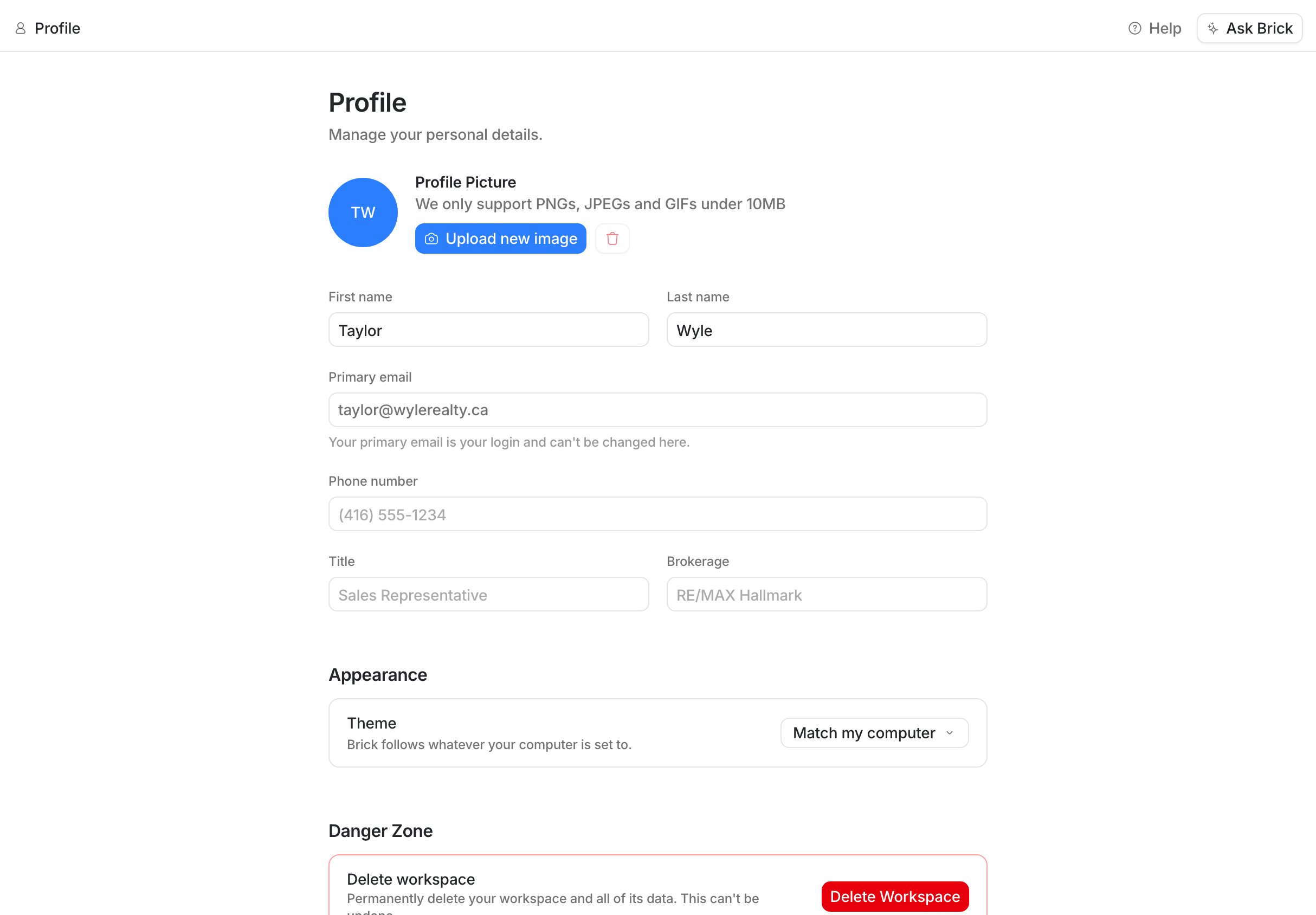 The Profile page in Settings: profile picture, first and last name, primary email, phone number, title and brokerage