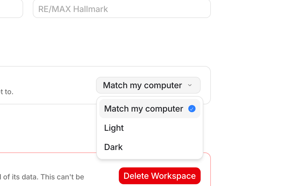 The Theme dropdown in Settings, open, with Match my computer, Light and Dark